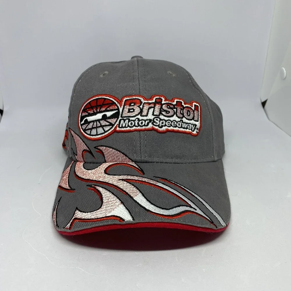 BRISTOL MOTOR SPEEDWAY FIRE TEAM RACING FLAMES BALL CAP TRUCKER HAT GRAY‎ RED